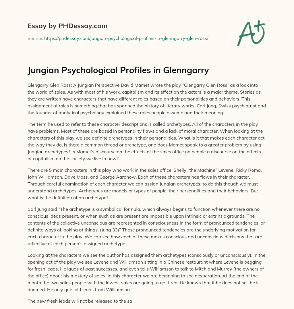 Jungian Psychological Profiles in Glenngarry essay