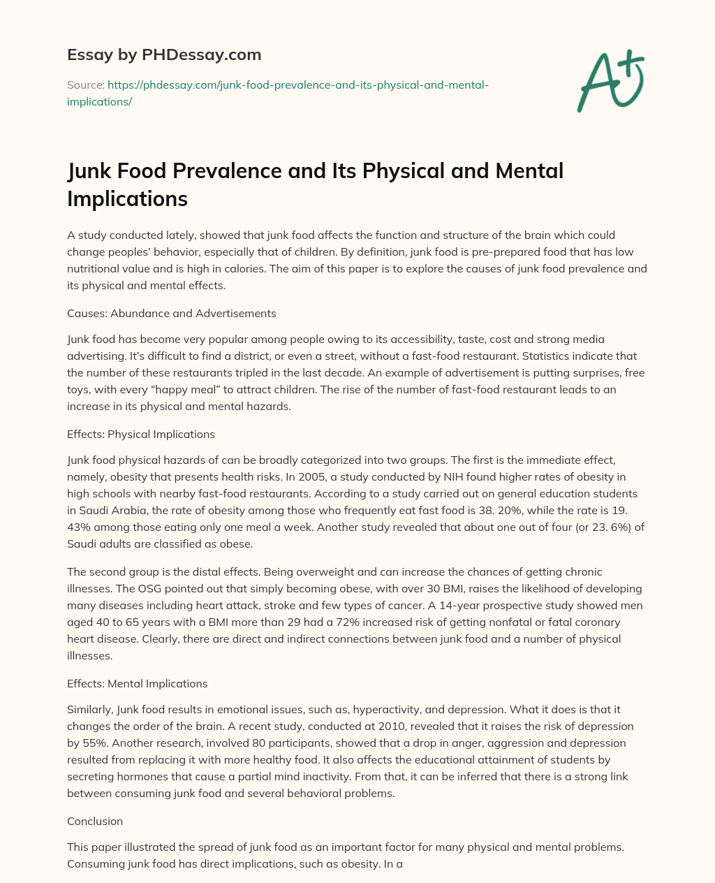 Junk Food Prevalence and Its Physical and Mental Implications essay
