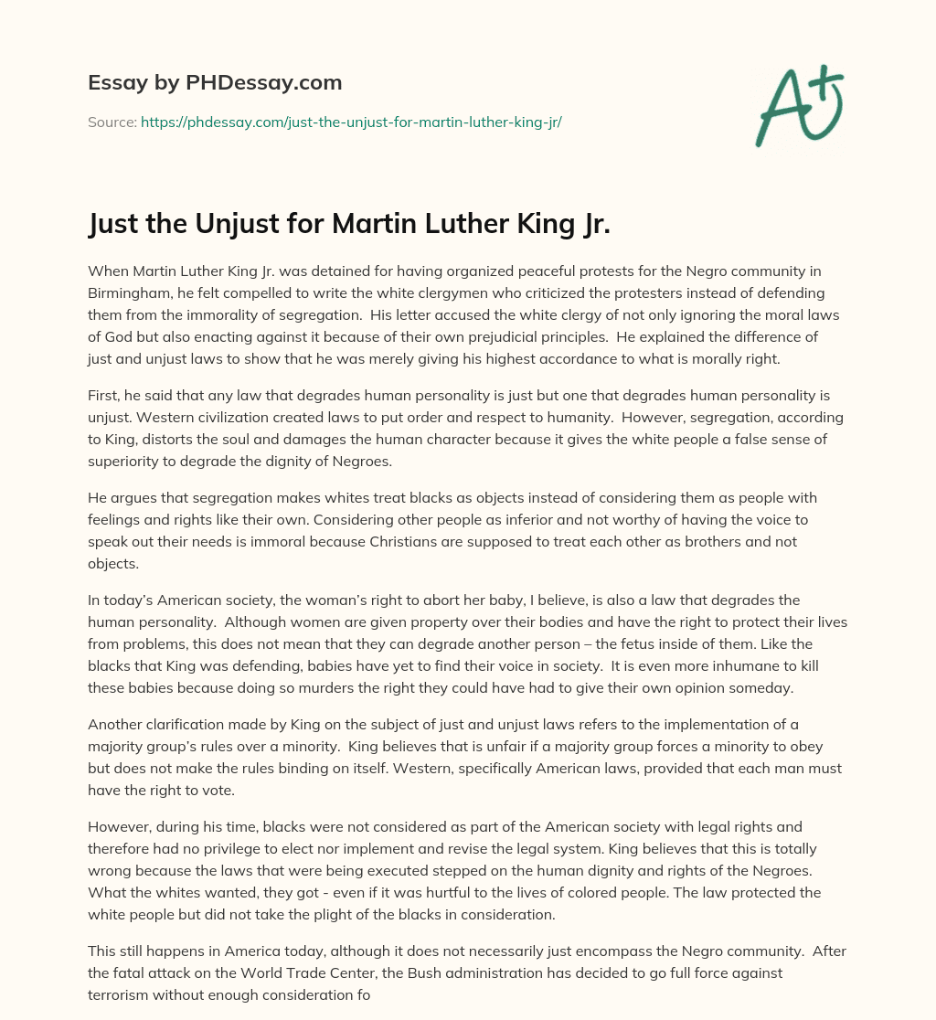Just the Unjust for Martin Luther King Jr. essay