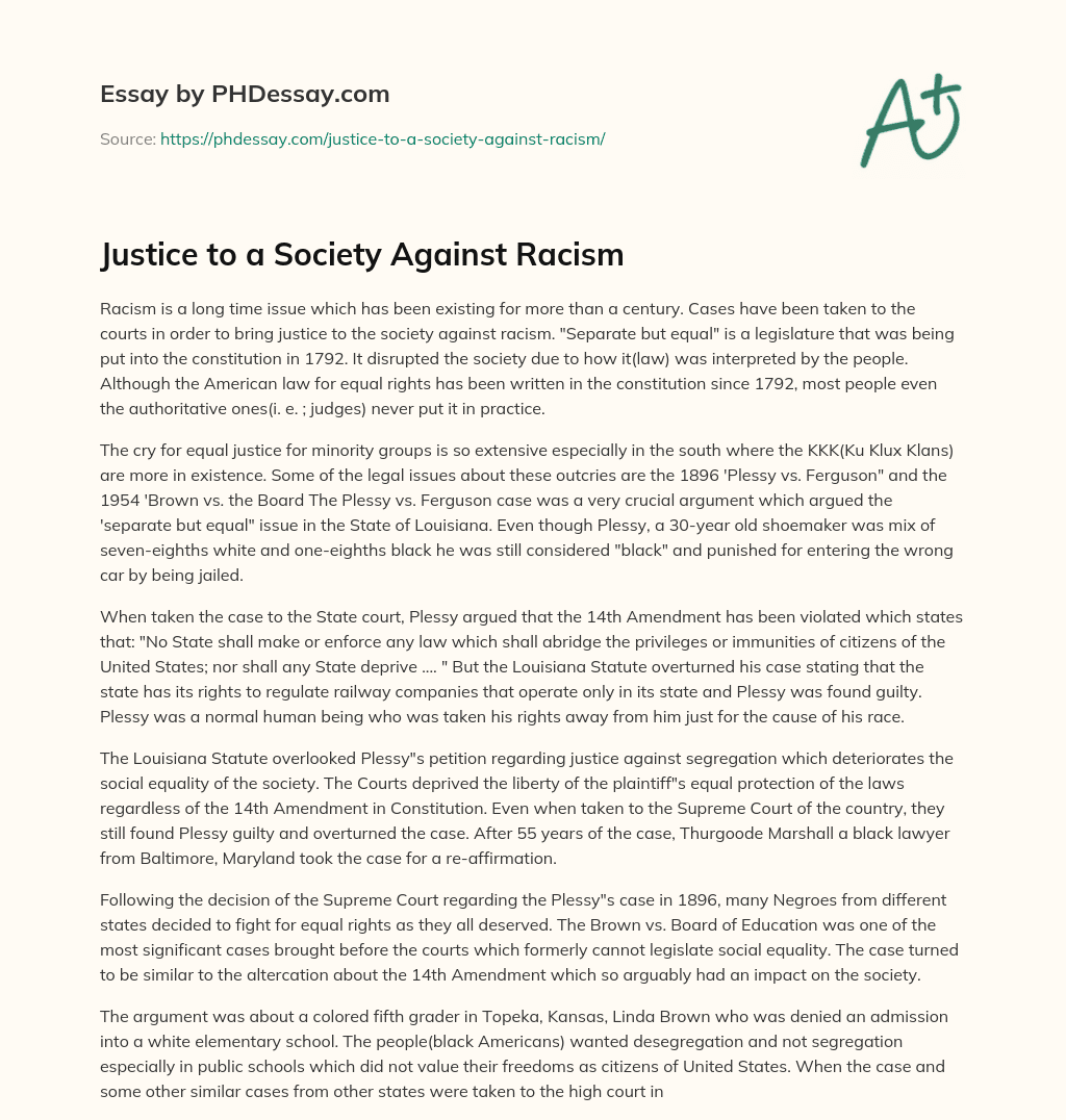 Justice to a Society Against Racism essay