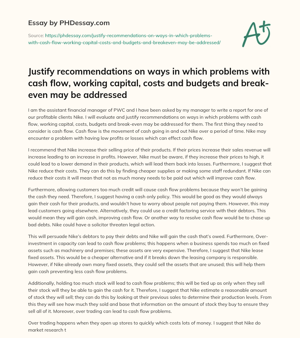Recommendations for Nike’s Cash Flow and Cost Management essay