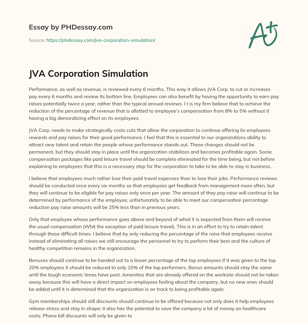 JVA Corporation Simulation essay
