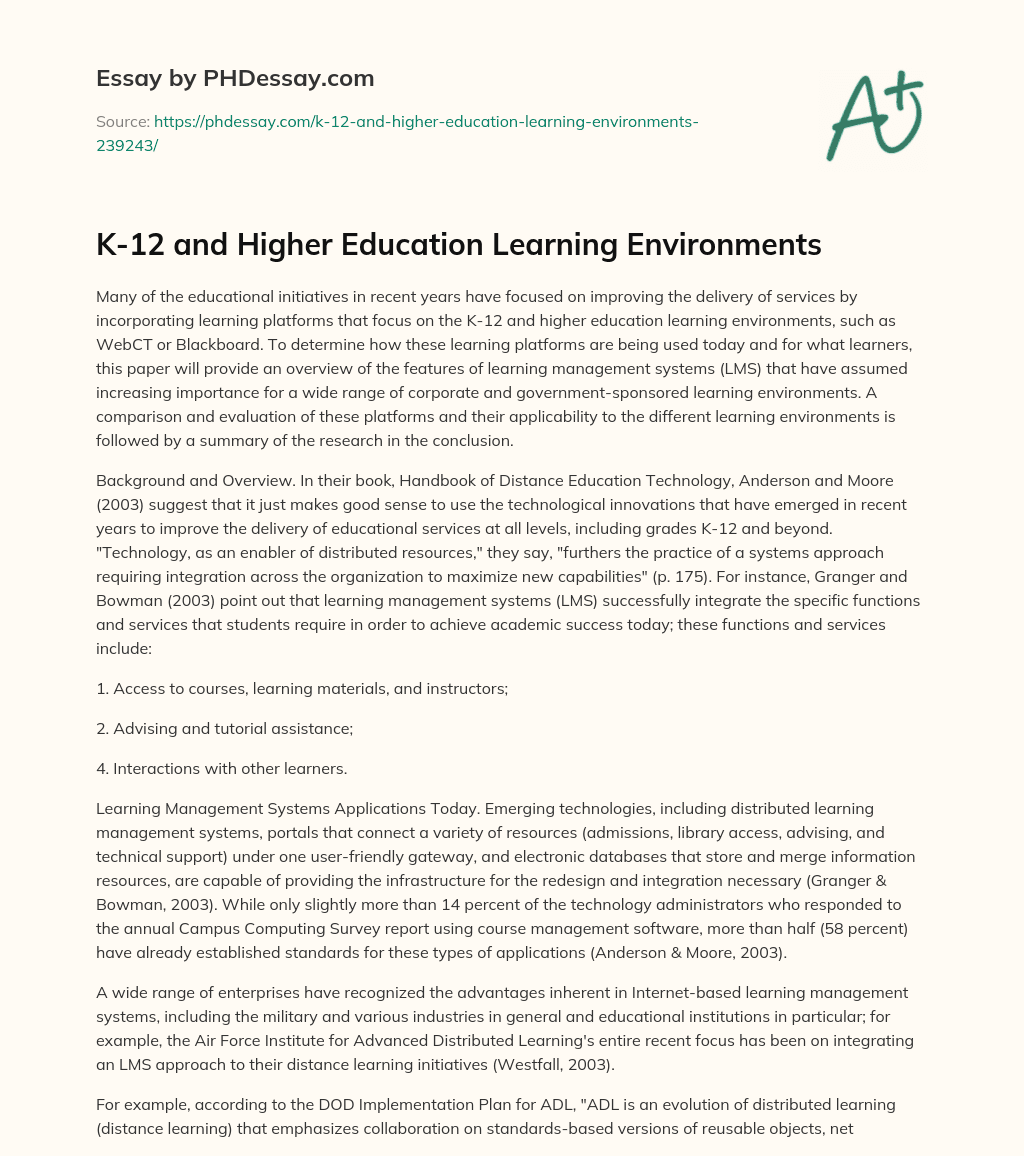K-12 and Higher Education Learning Environments essay