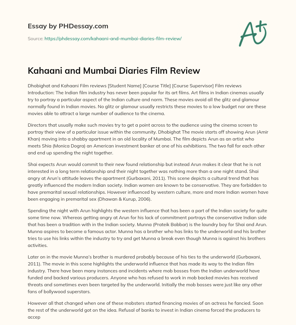 Kahaani and Mumbai Diaries Film Review essay