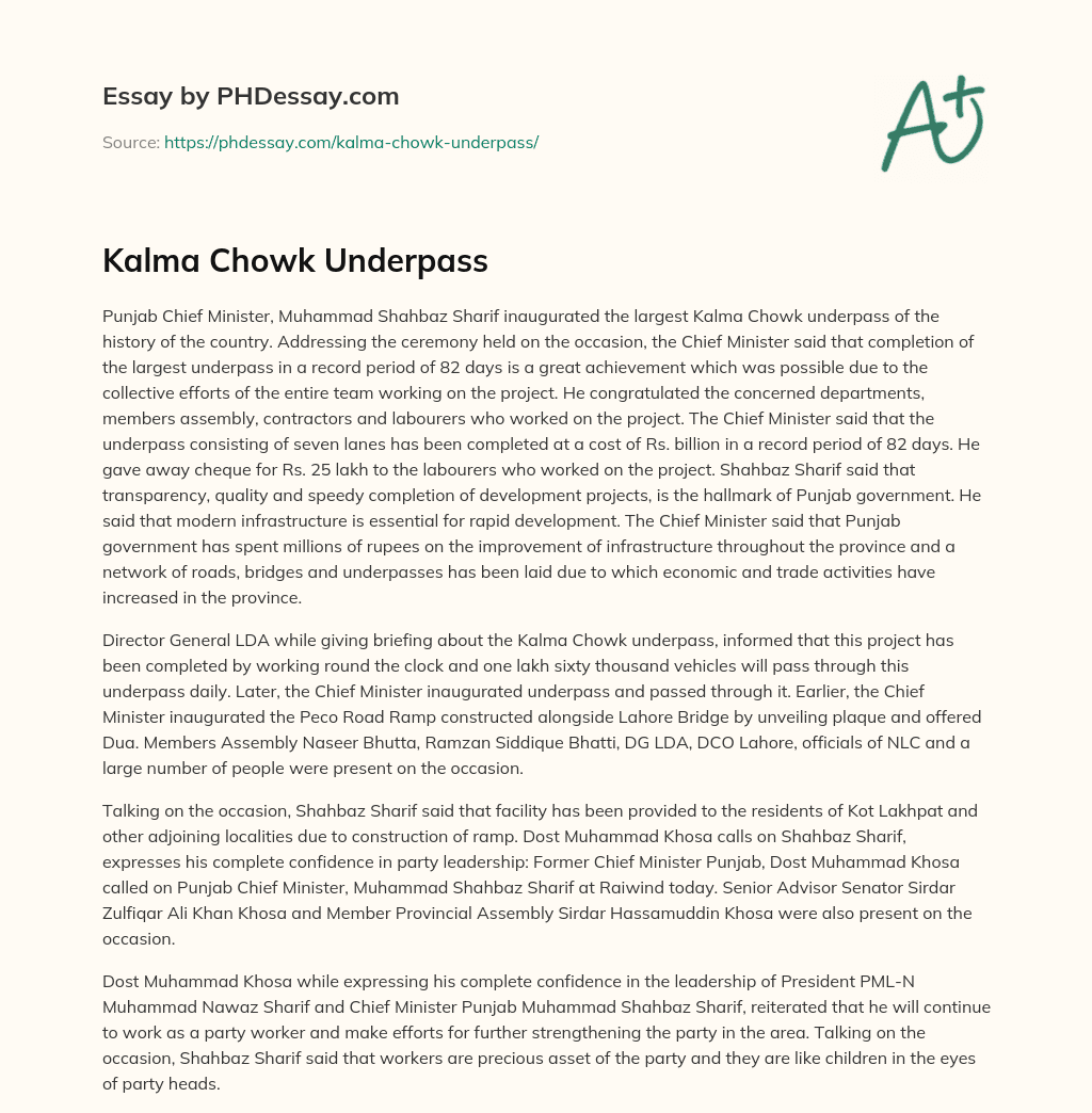 Kalma Chowk Underpass essay
