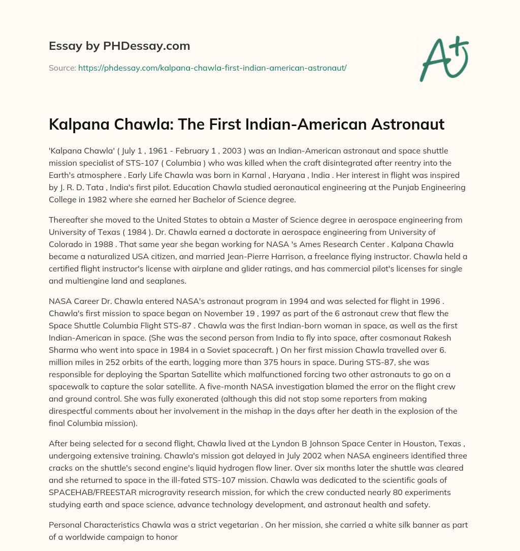 Kalpana Chawla: The First Indian-American Astronaut essay