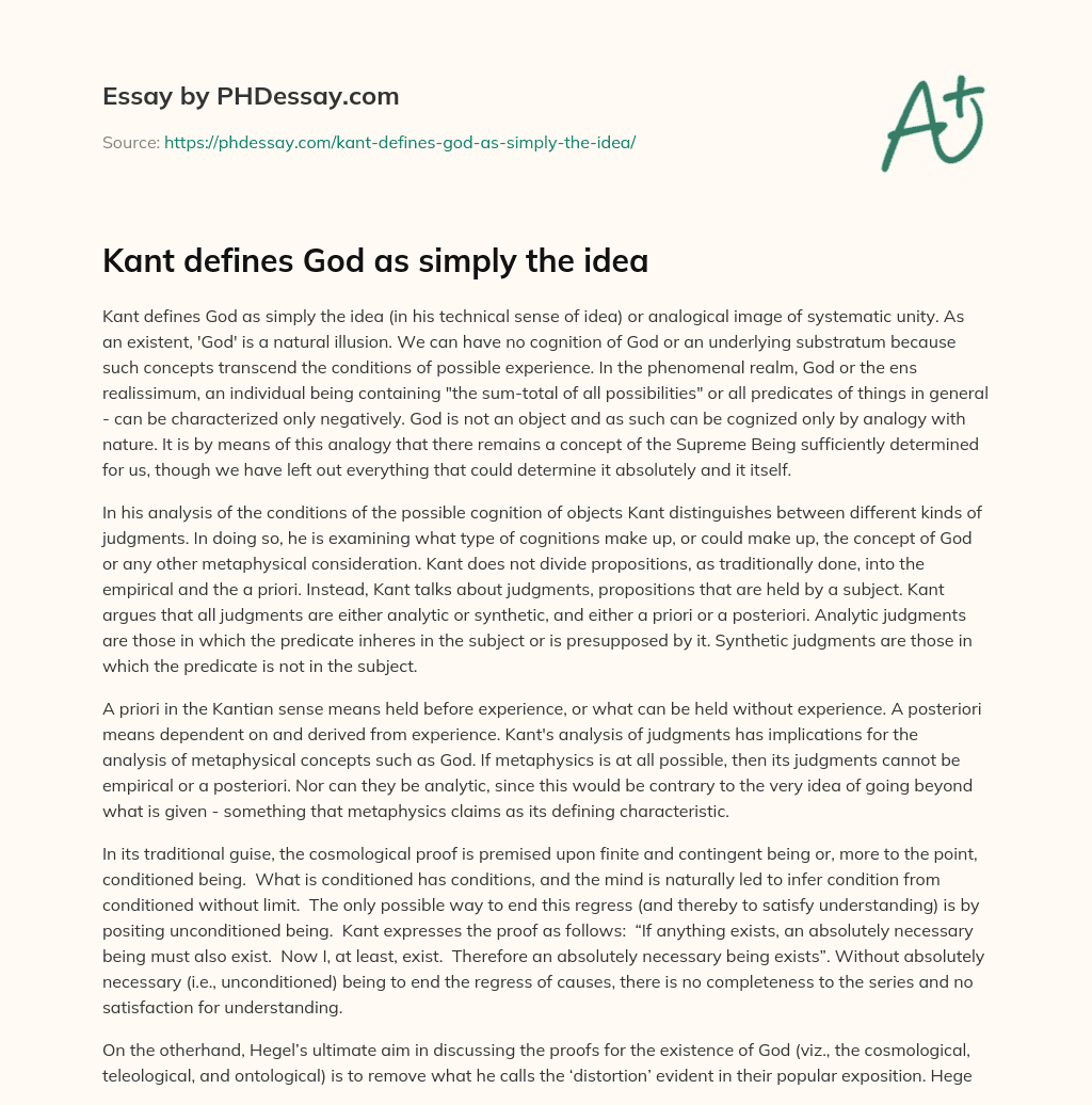 Kant defines God as simply the idea essay