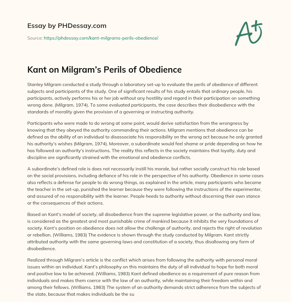 Kant on Milgram’s Perils of Obedience essay