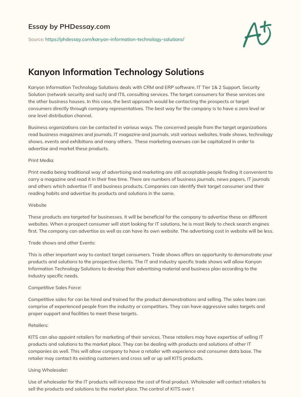 Kanyon Information Technology Solutions essay