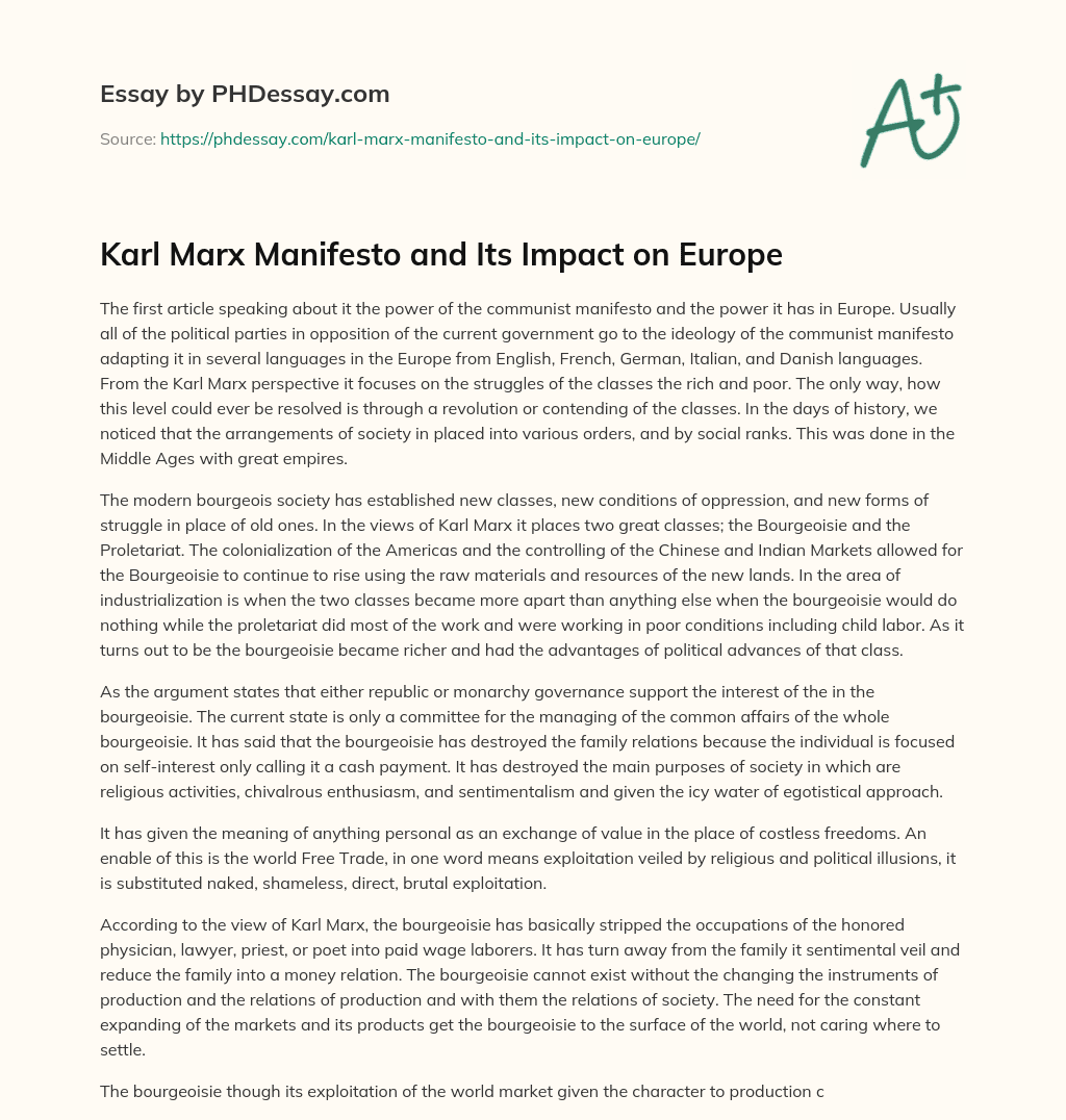Karl Marx Manifesto and Its Impact on Europe essay