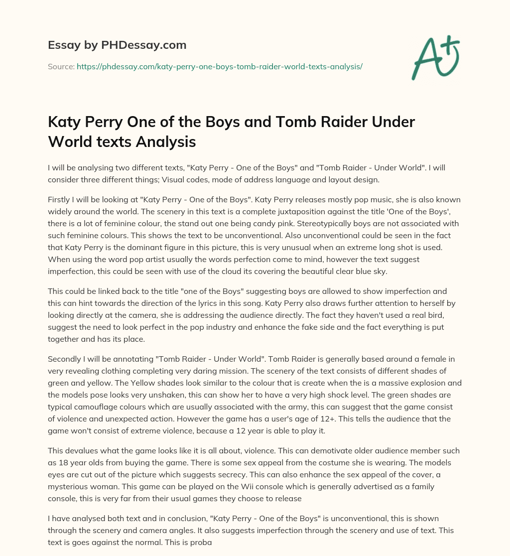 Katy Perry One of the Boys and Tomb Raider Under World texts Analysis essay