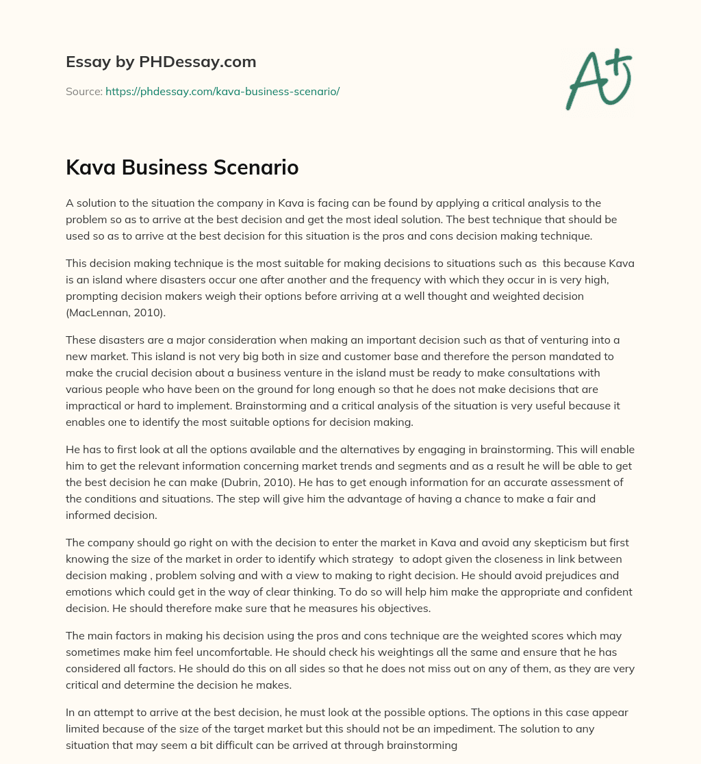Kava Business Scenario essay