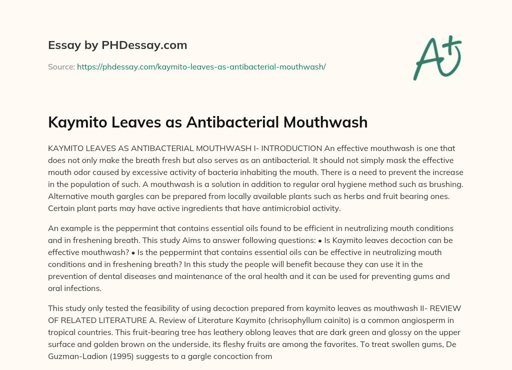Kaymito Leaves as Antibacterial Mouthwash essay