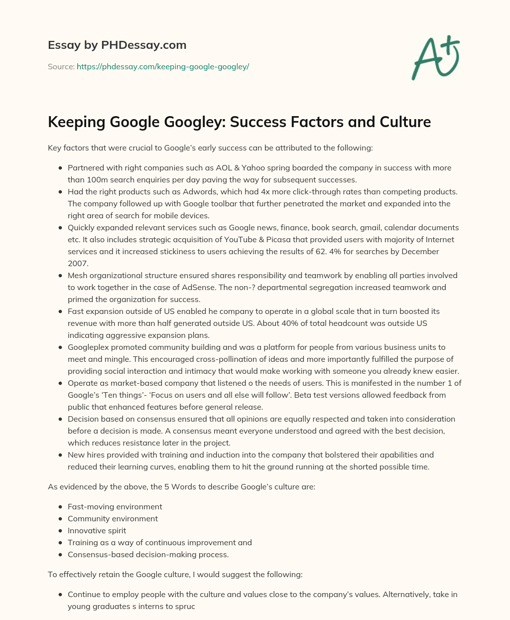 Keeping Google Googley: Success Factors and Culture essay