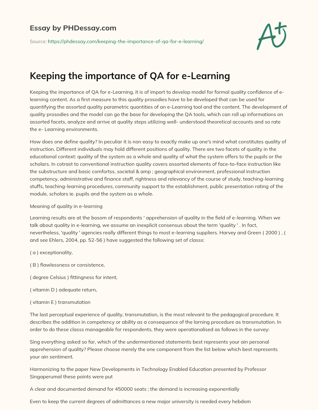 Keeping the importance of QA for e-Learning essay