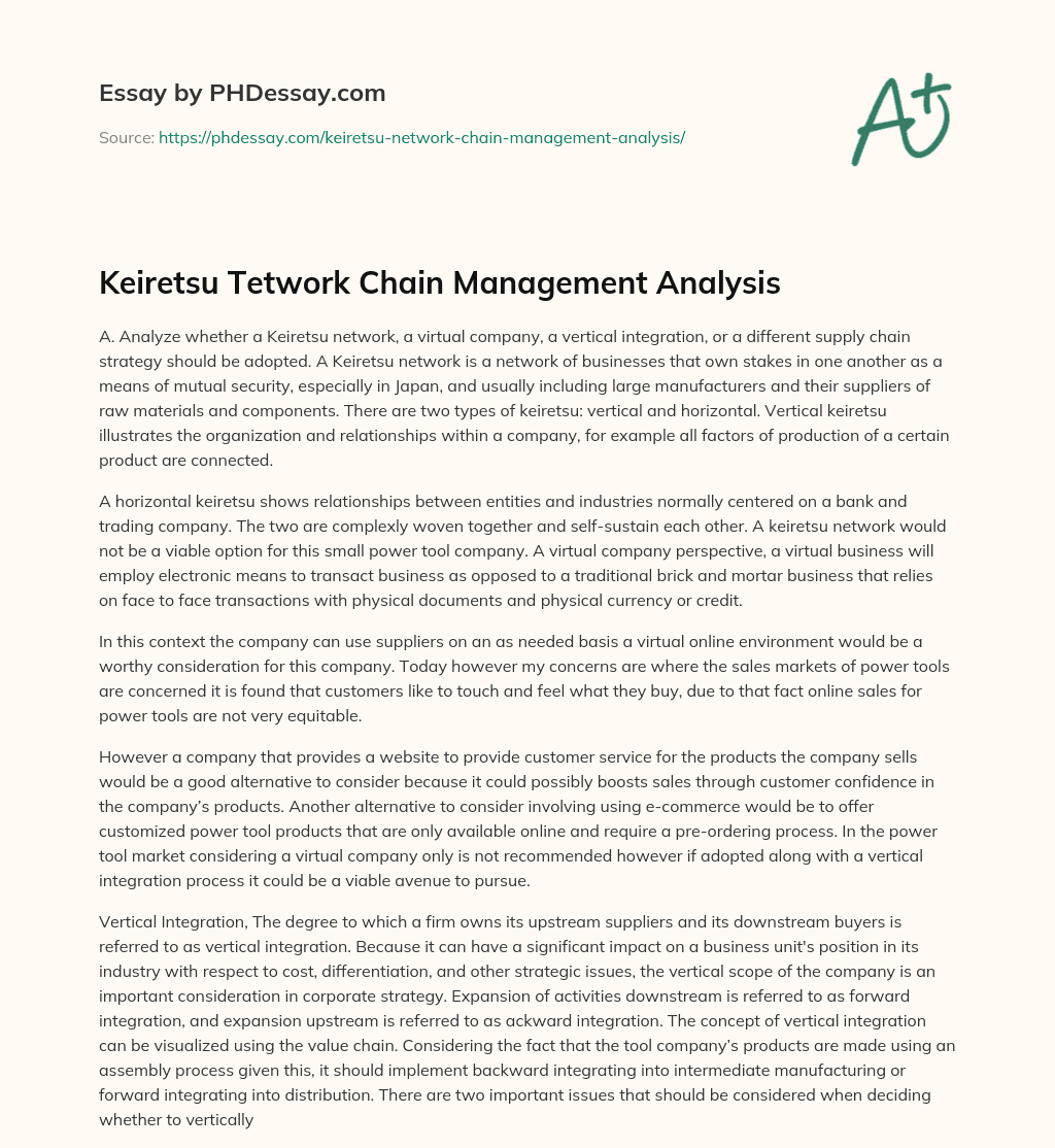 Keiretsu Network Chain Management Analysis essay