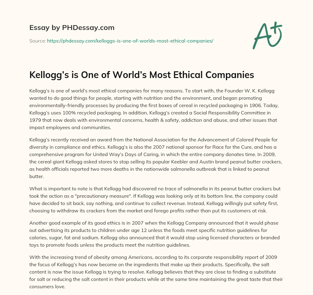 Kellogg s is one of world s most ethical companies 400 words