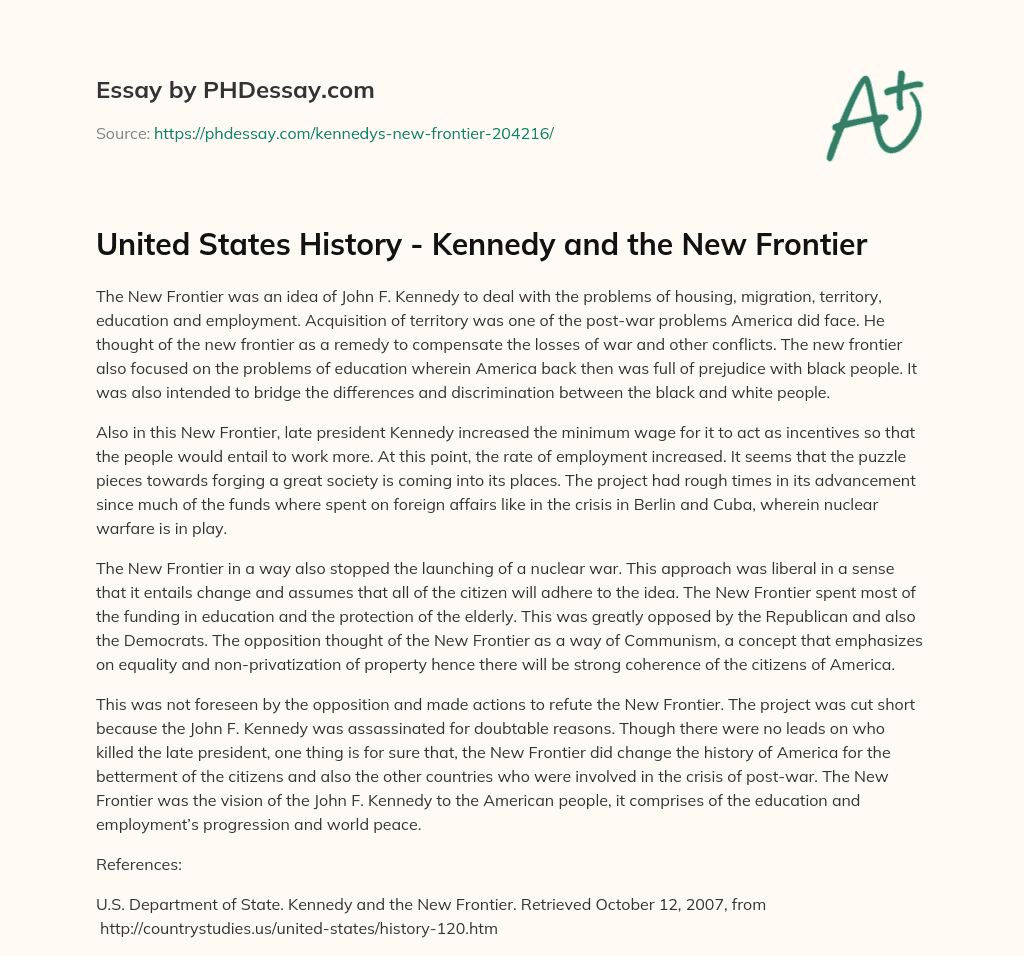 United States History – Kennedy and the New Frontier essay