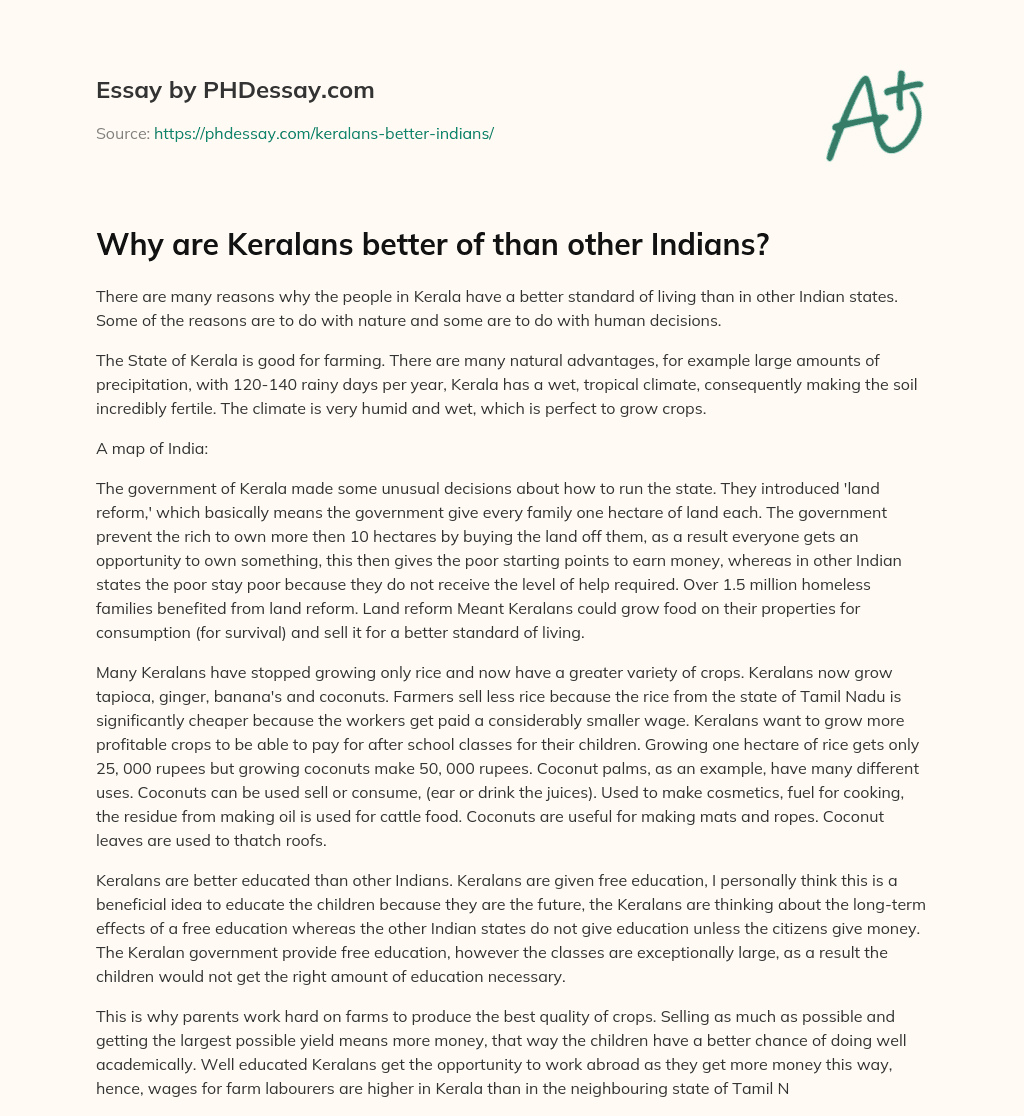 Why are Keralans better of than other Indians? essay