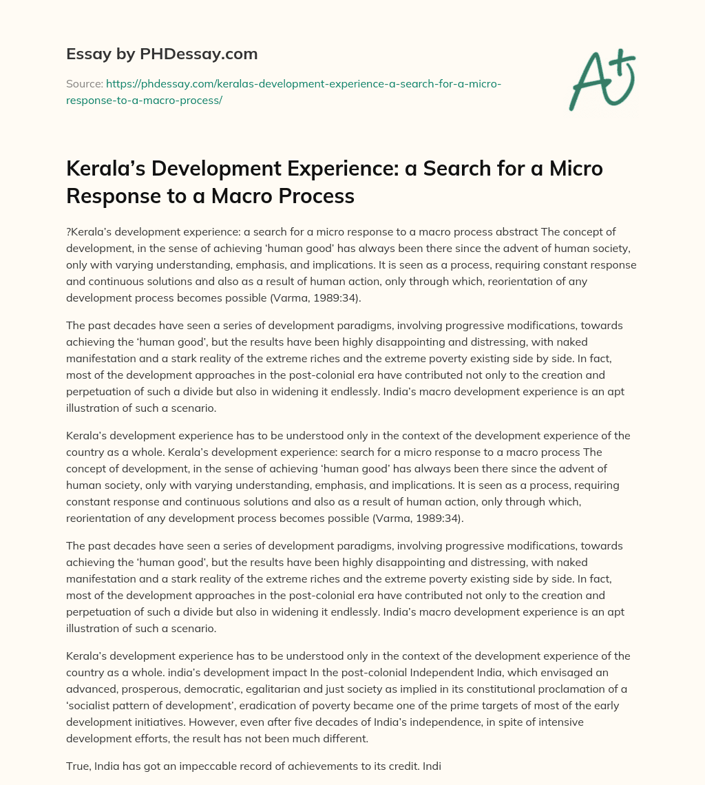 Kerala’s Development Experience: a Search for a Micro Response to a Macro Process essay