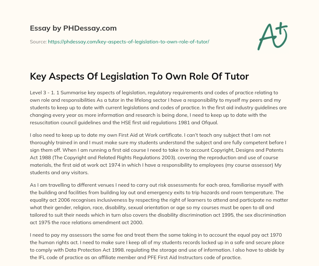 Key Aspects Of Legislation To Own Role Of Tutor essay