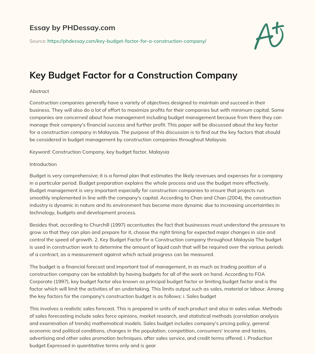 Key Budget Factor for a Construction Company essay