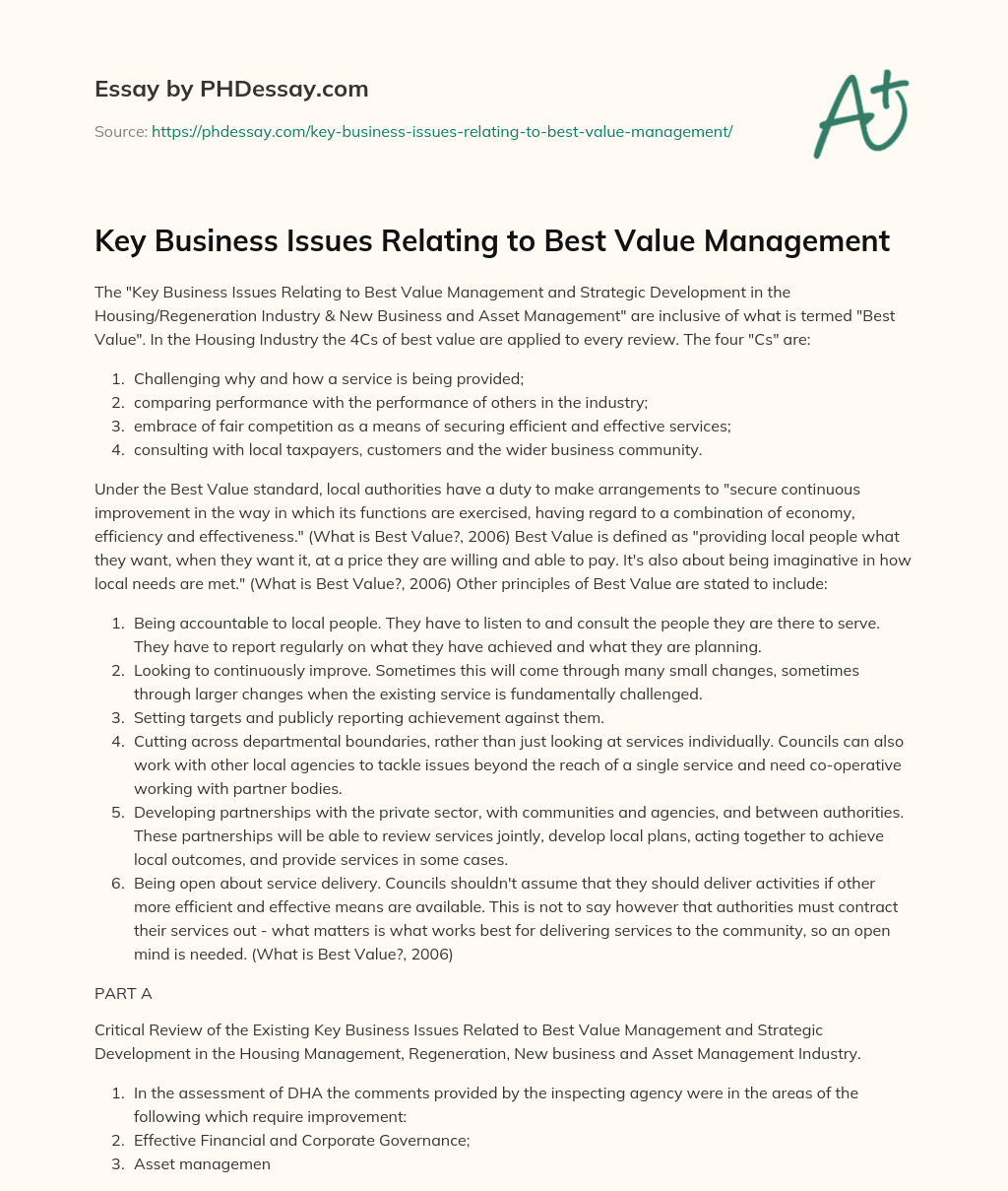 Key Business Issues Relating to Best Value Management essay