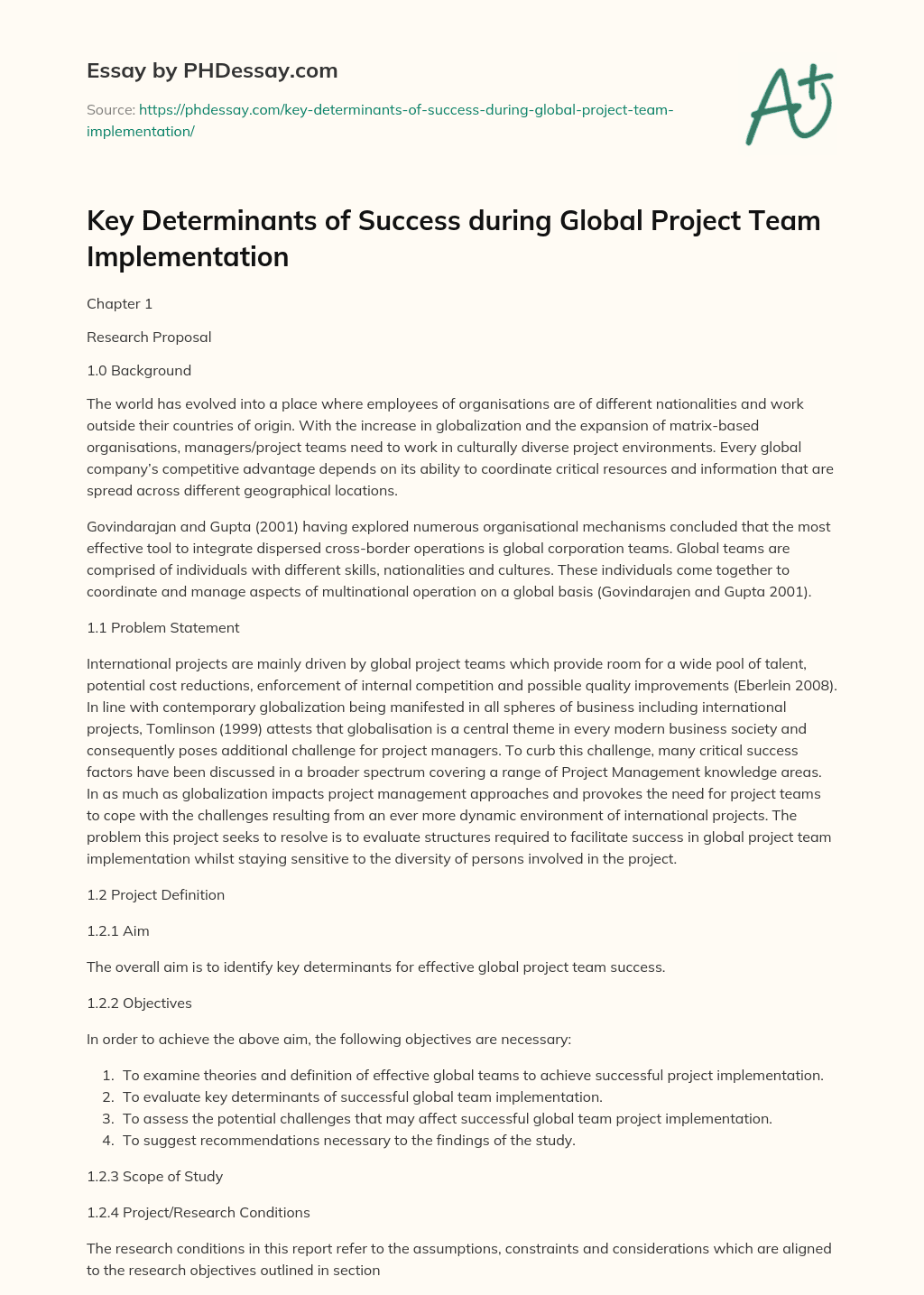 Key Determinants of Success during Global Project Team Implementation essay