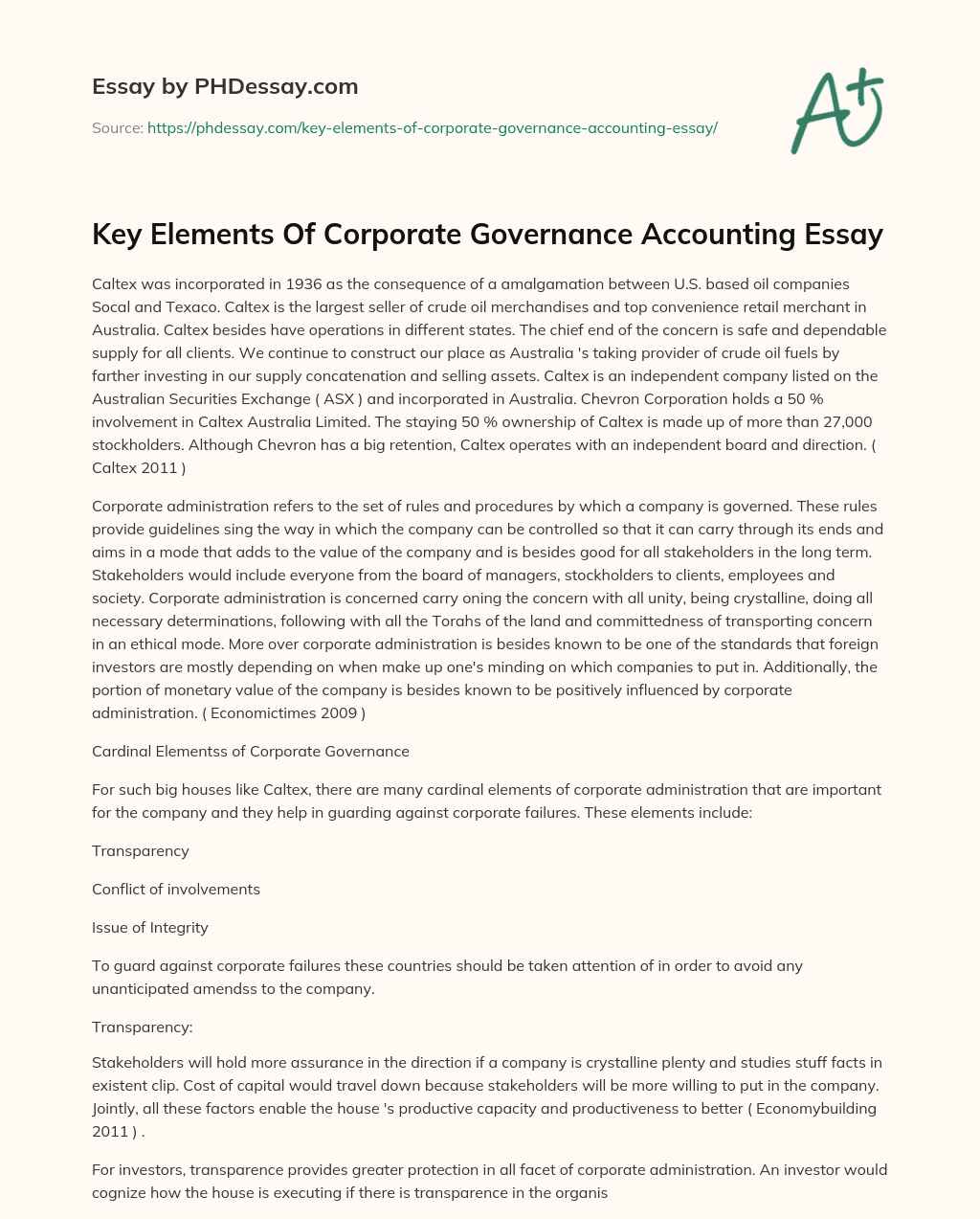 Key Elements Of Corporate Governance Accounting Essay essay