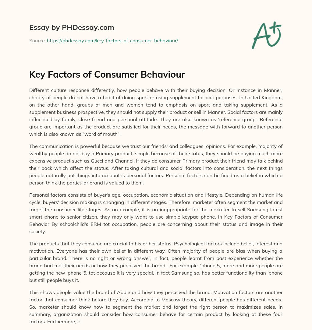 Key Factors of Consumer Behaviour essay