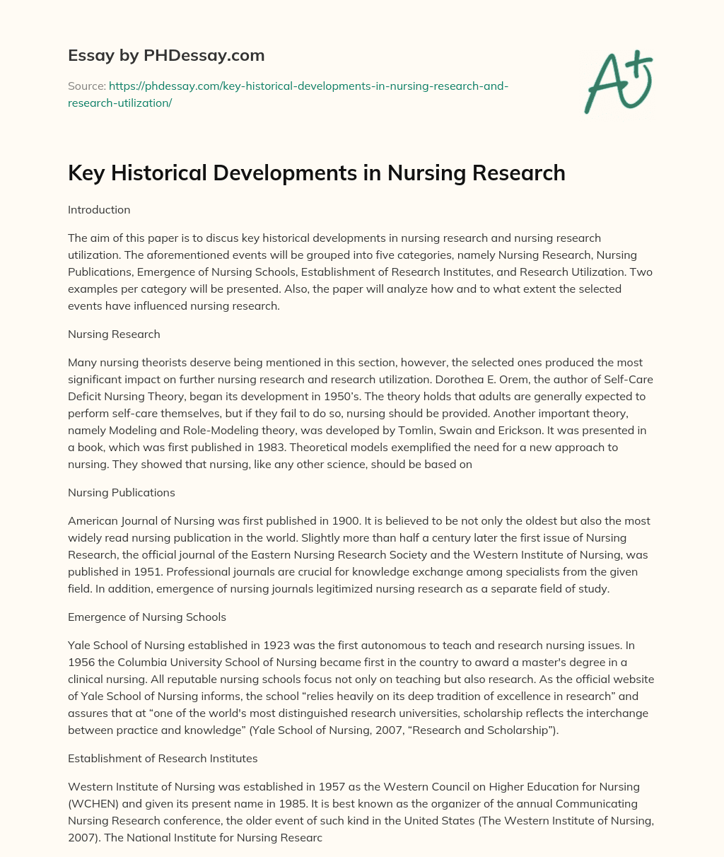 Key Historical Developments in Nursing Research essay