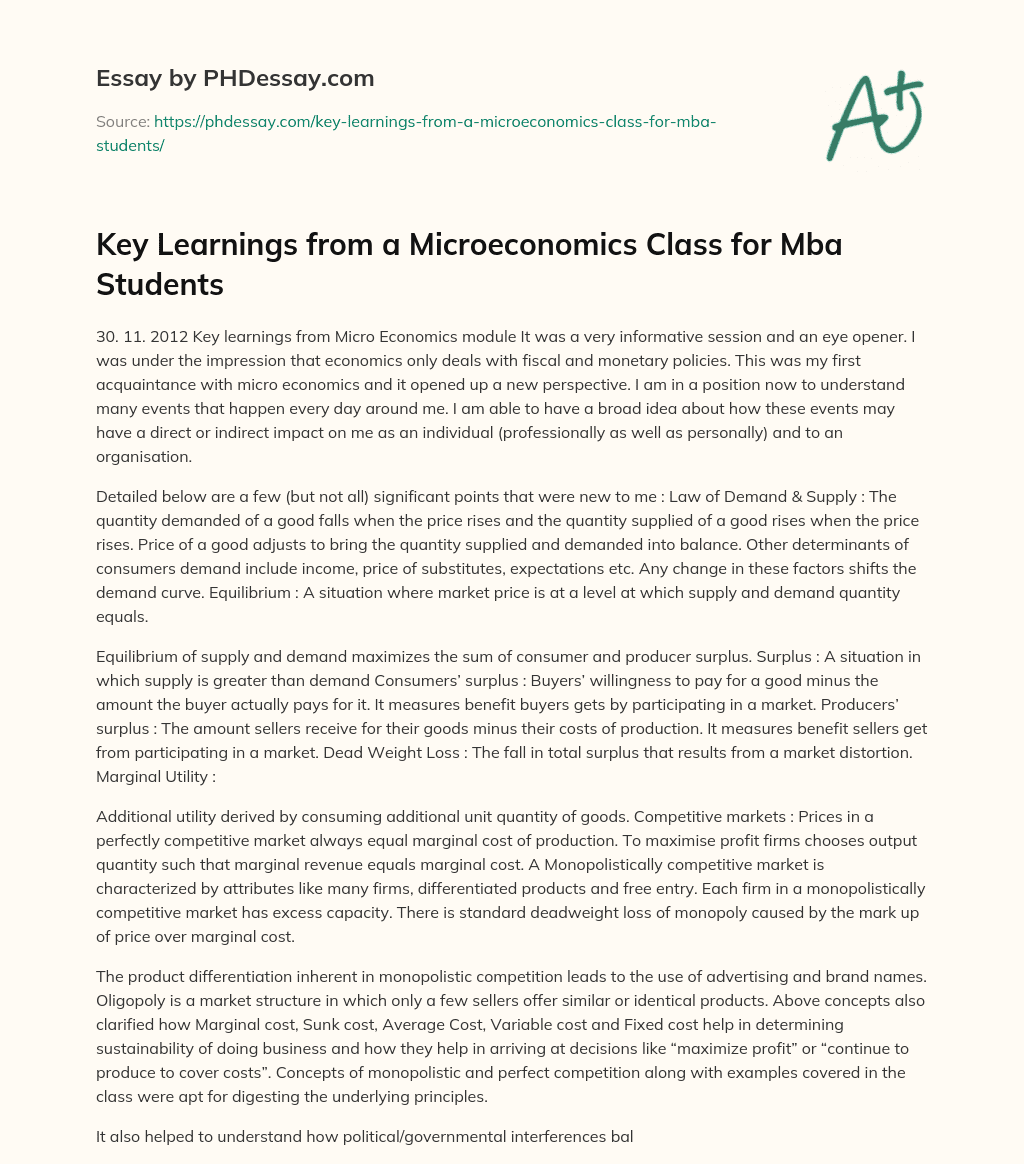 Key Learnings from a Microeconomics Class for Mba Students essay