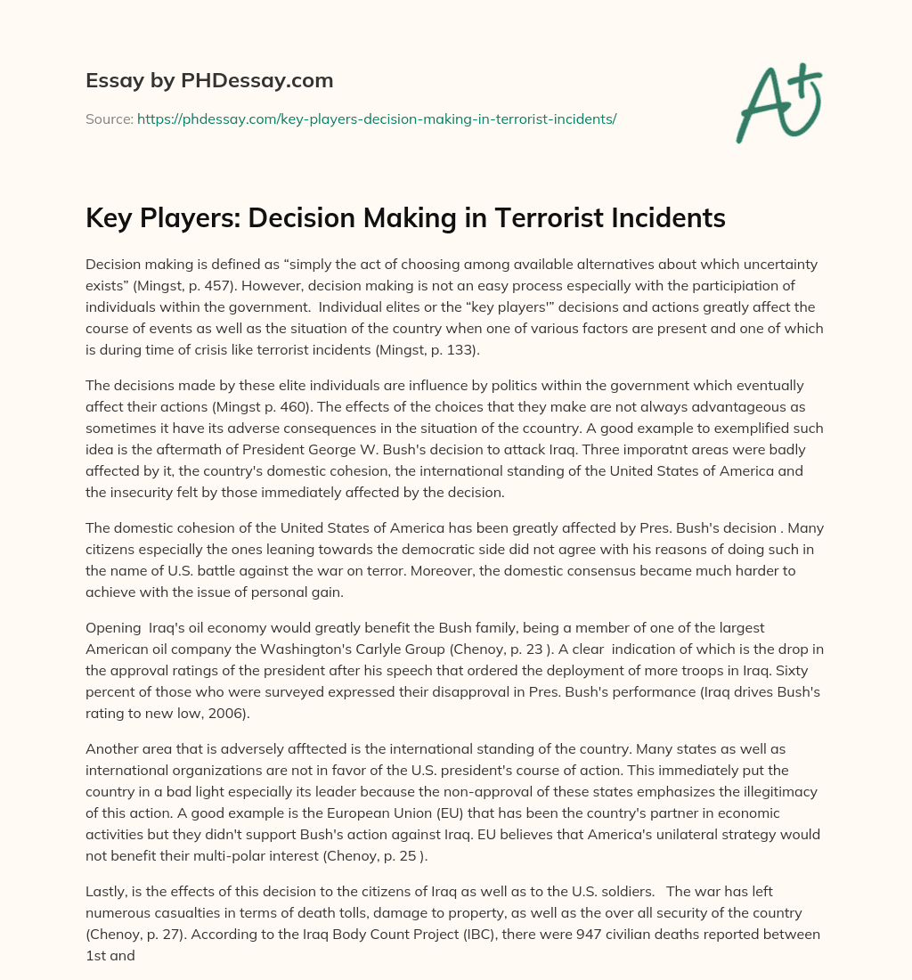Key Players: Decision Making in Terrorist Incidents essay