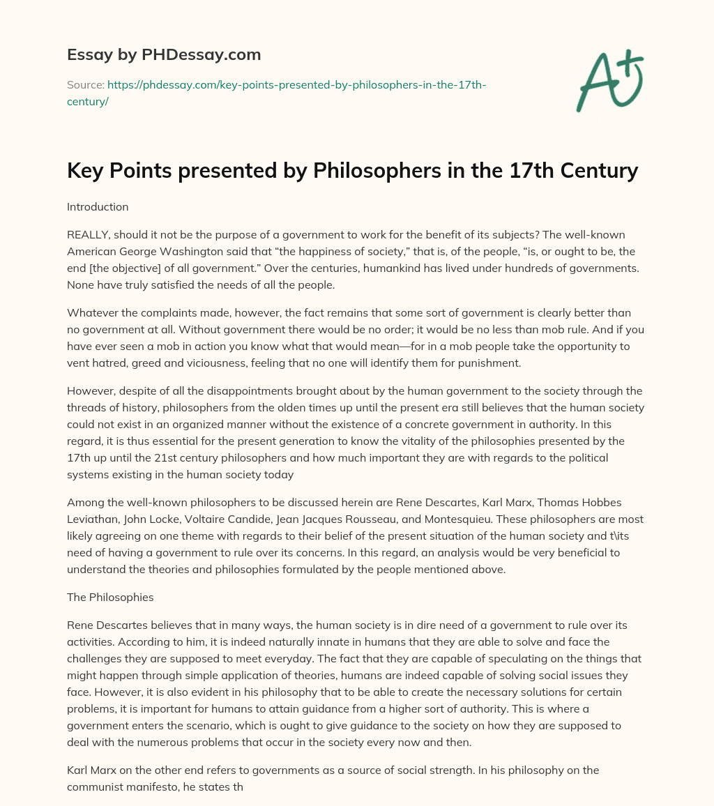 Key Points presented by Philosophers in the 17th Century essay