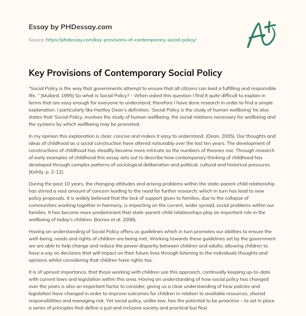 Key Provisions of Contemporary Social Policy essay