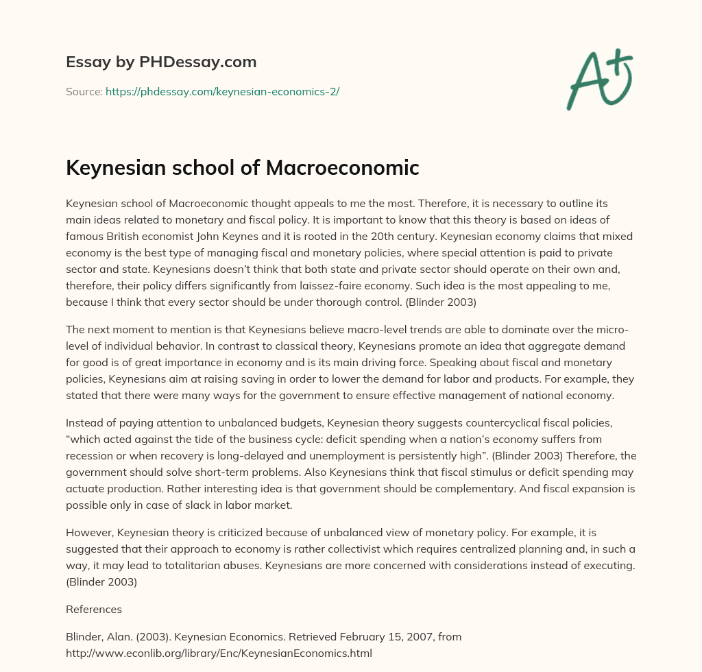 Keynesian school of Macroeconomic essay