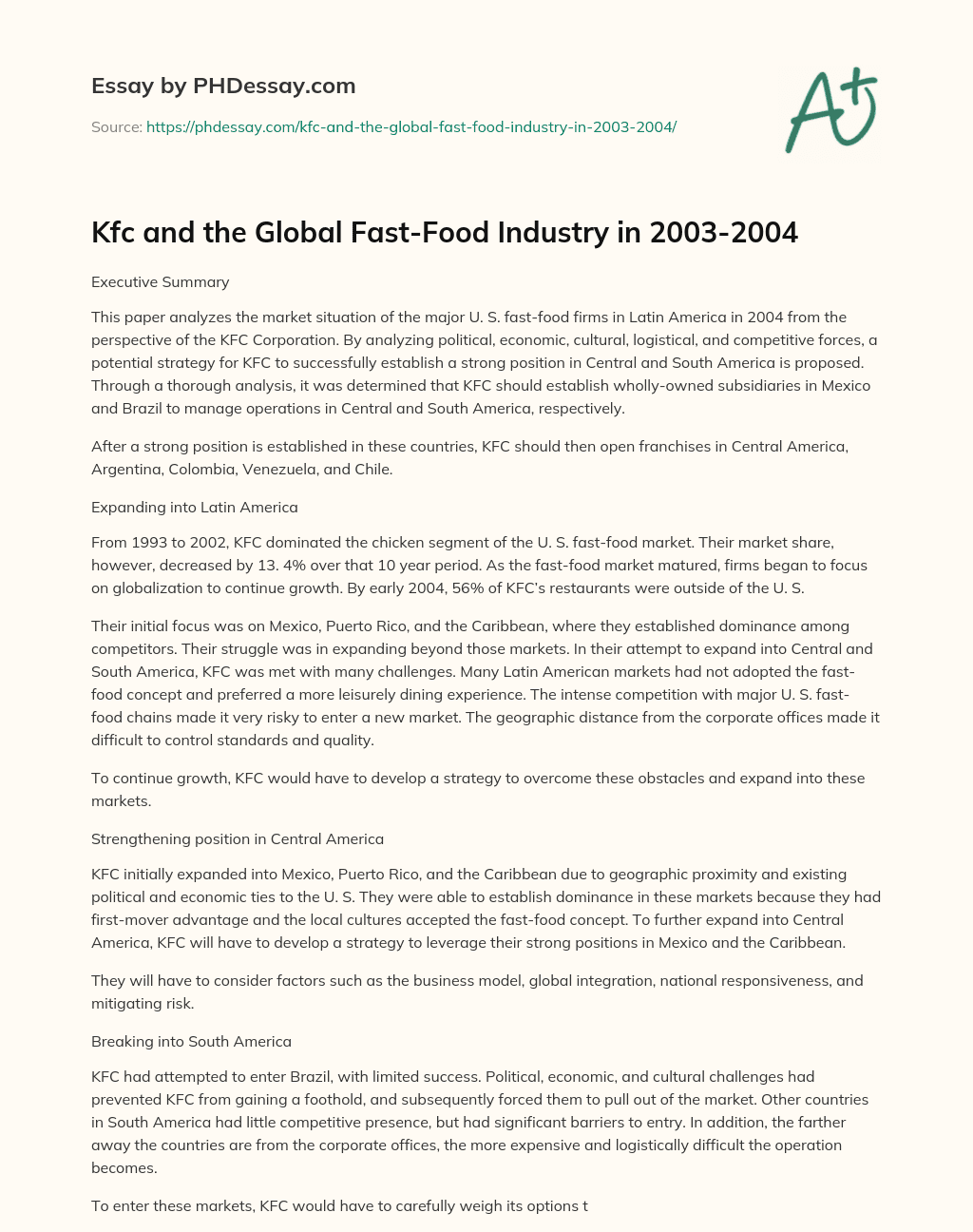 Kfc and the Global Fast-Food Industry in 2003-2004 essay