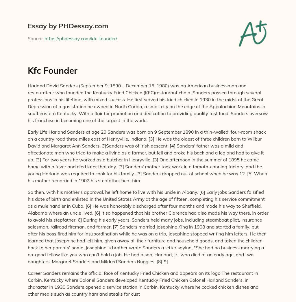 The Life and Legacy of KFC Founder Harland Sanders essay