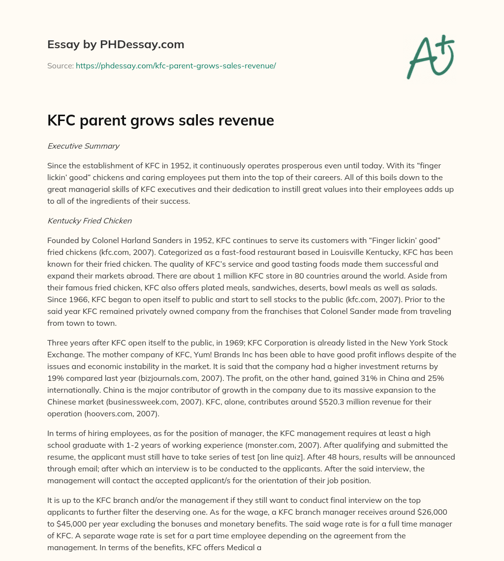 KFC parent grows sales revenue essay