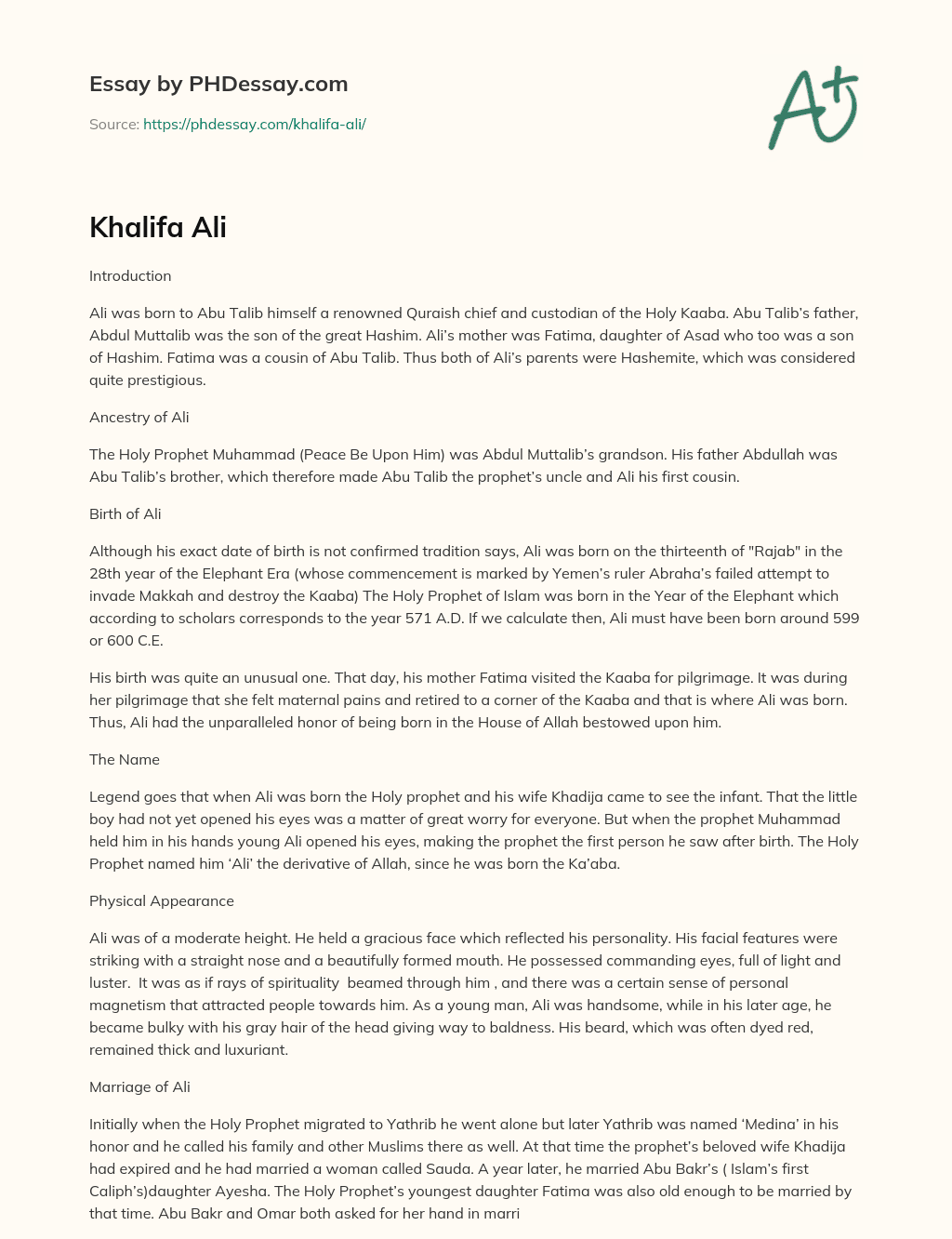 Ali’s Prestigious Hashemite Ancestry and Relationship to Prophet Muhammad essay