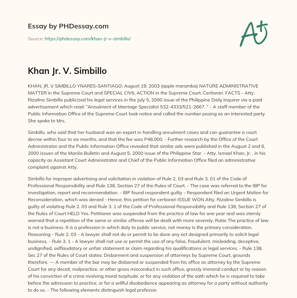 Khan Jr. V. Simbillo essay
