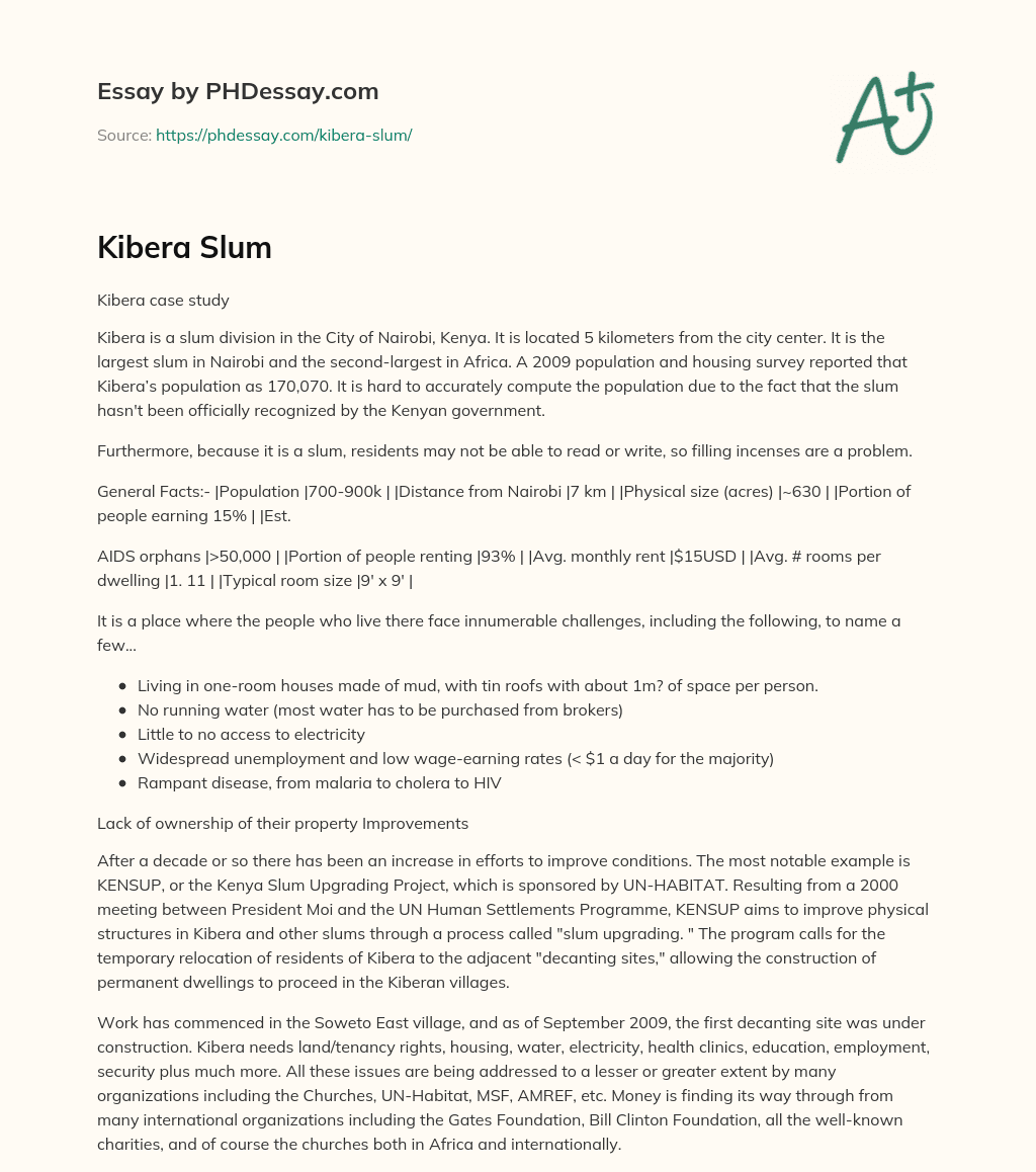 Kibera: Africa’s Second-Largest Slum with a Population of 170,070 and Counting essay