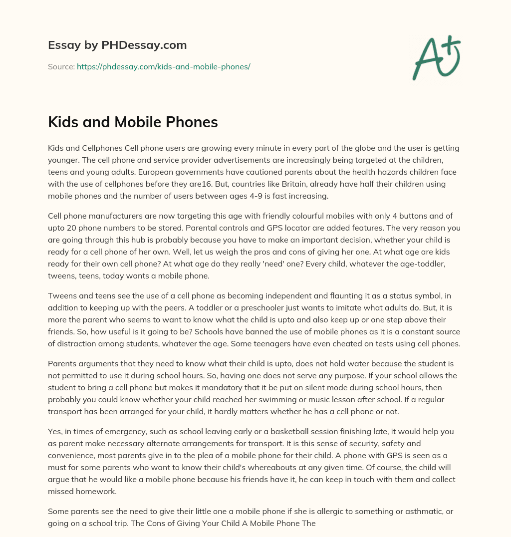 Kids and Mobile Phones essay