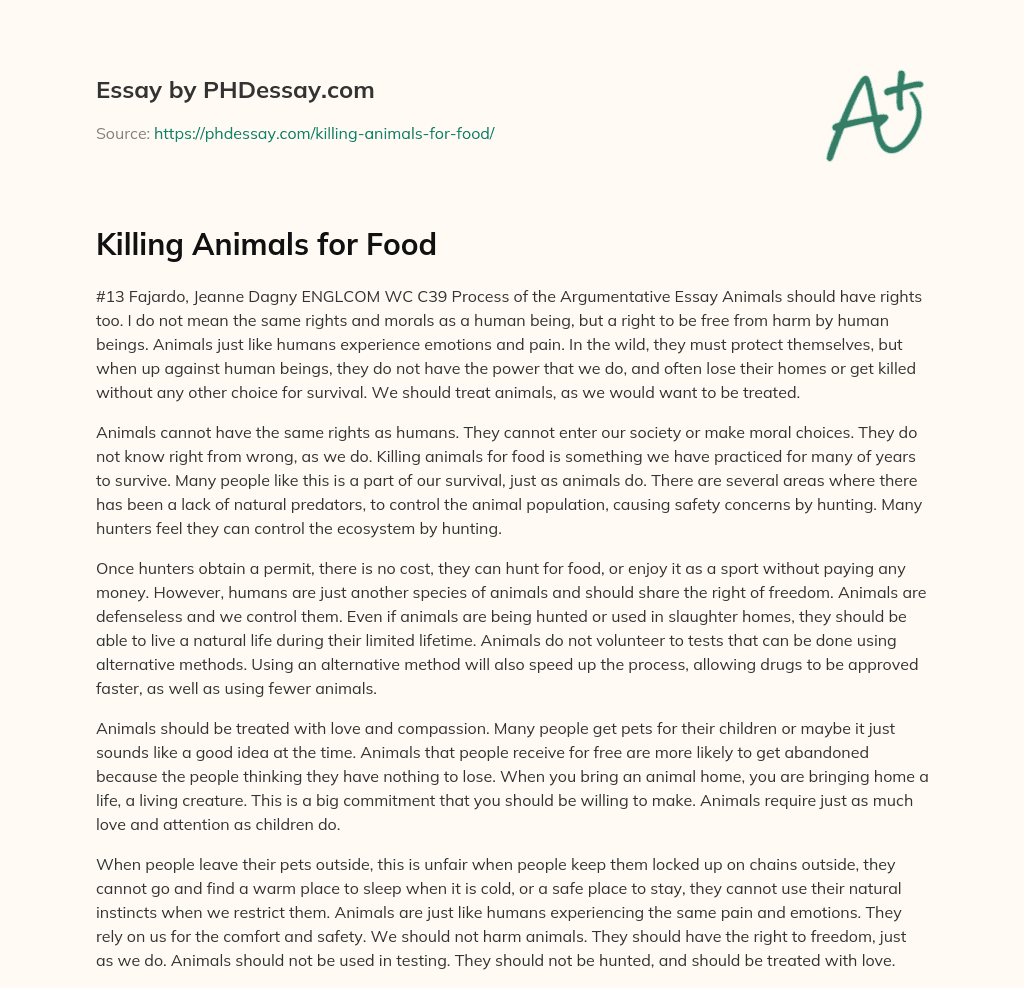 essay on killing animals for food
