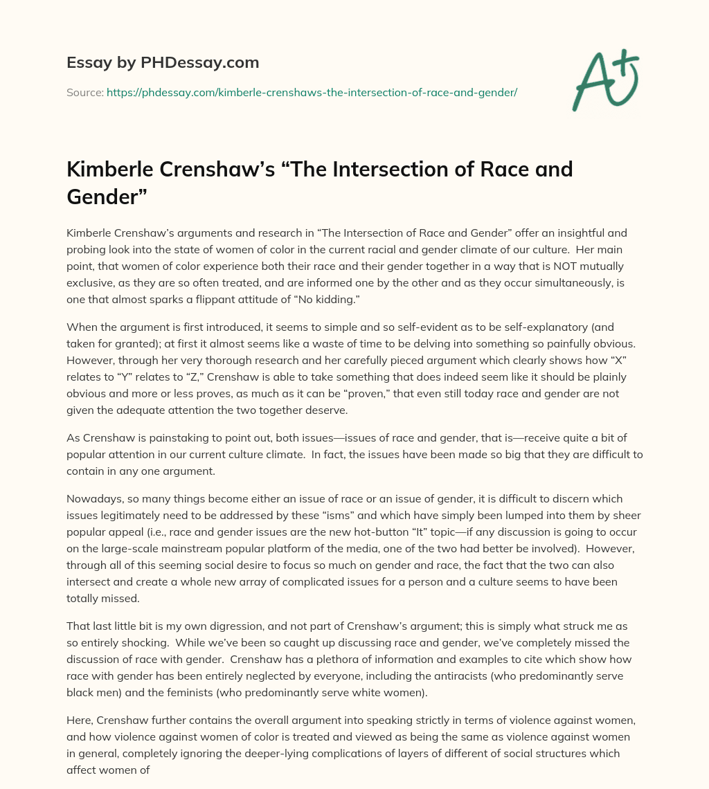 Kimberle Crenshaw’s “The Intersection of Race and Gender” essay