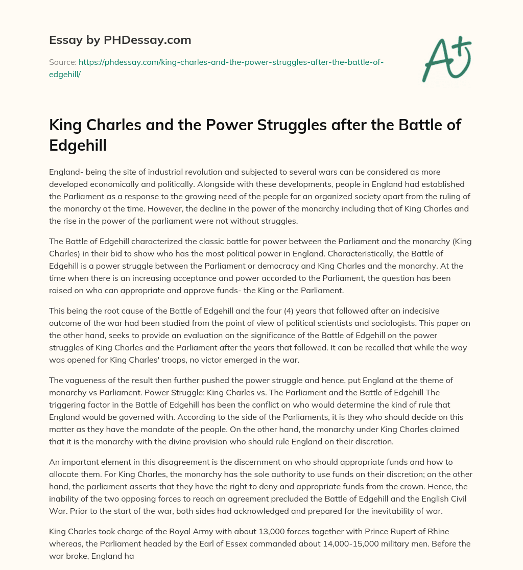 King Charles and the Power Struggles after the Battle of Edgehill essay