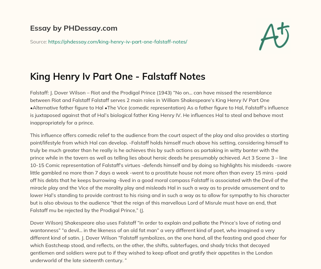 King Henry Iv Part One – Falstaff Notes essay