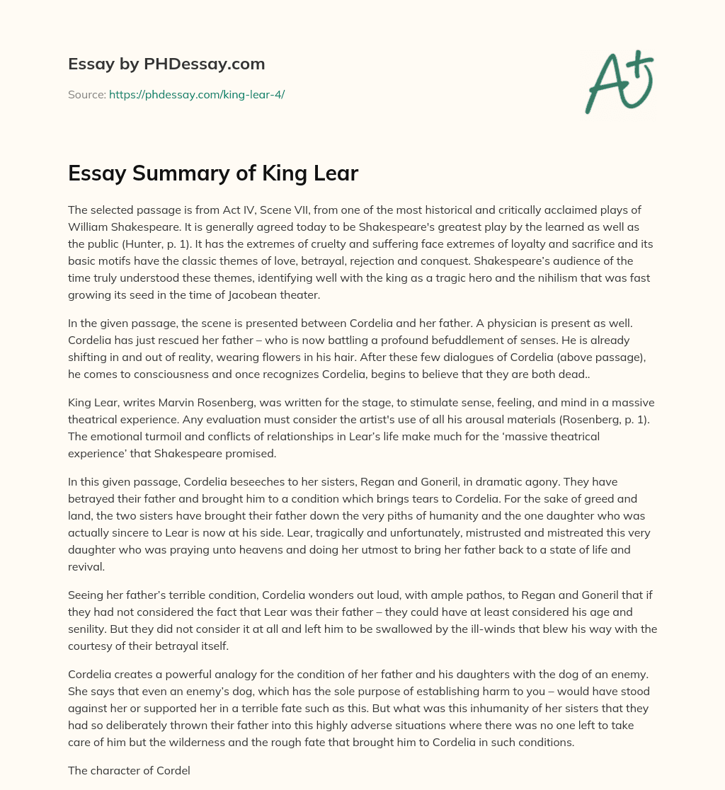 Essay Summary of King Lear essay