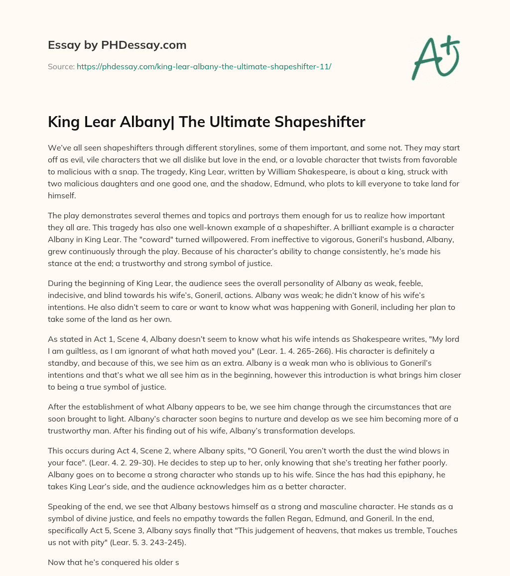King Lear Albany| The Ultimate Shapeshifter essay