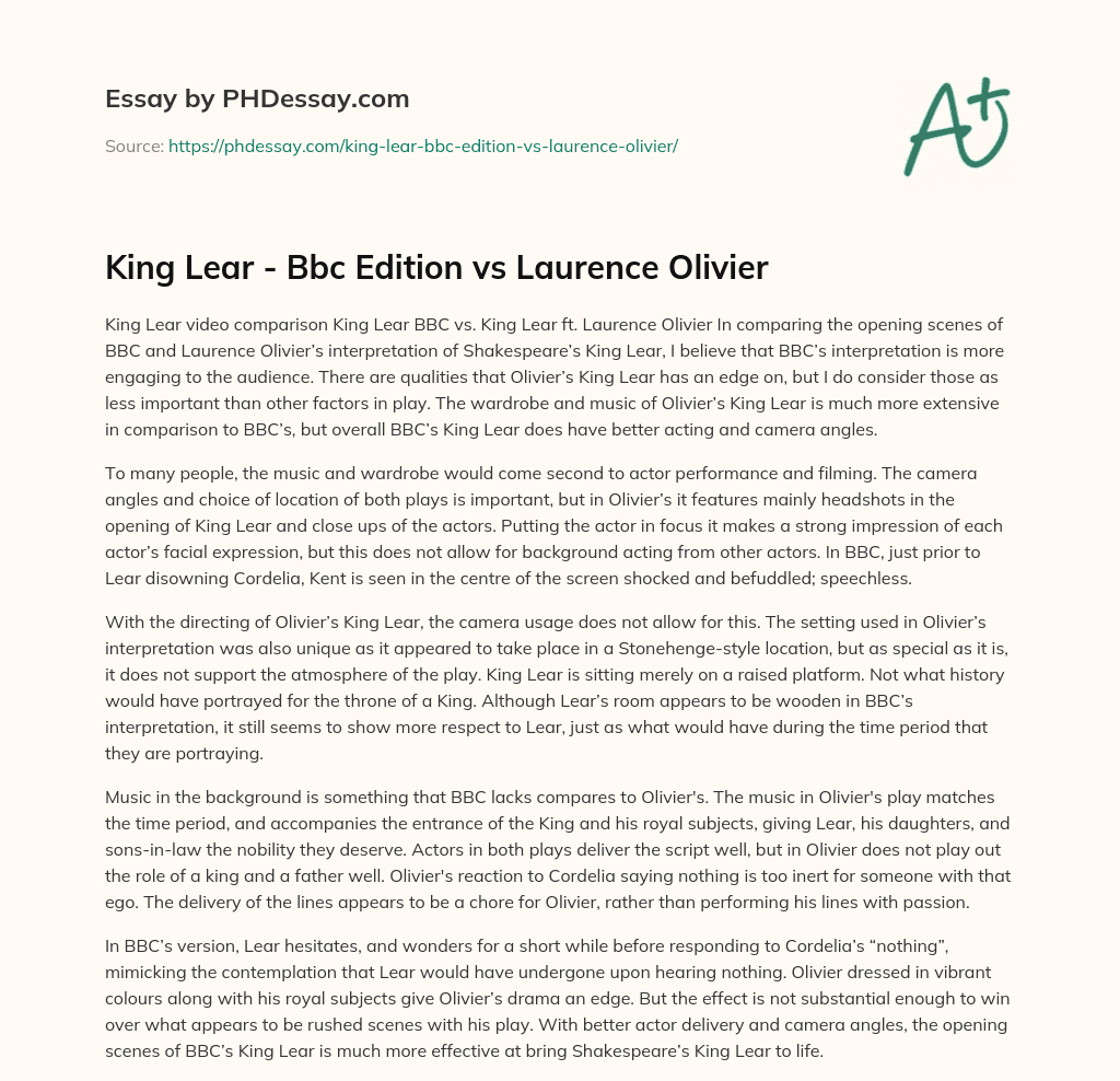King Lear – Bbc Edition vs Laurence Olivier essay